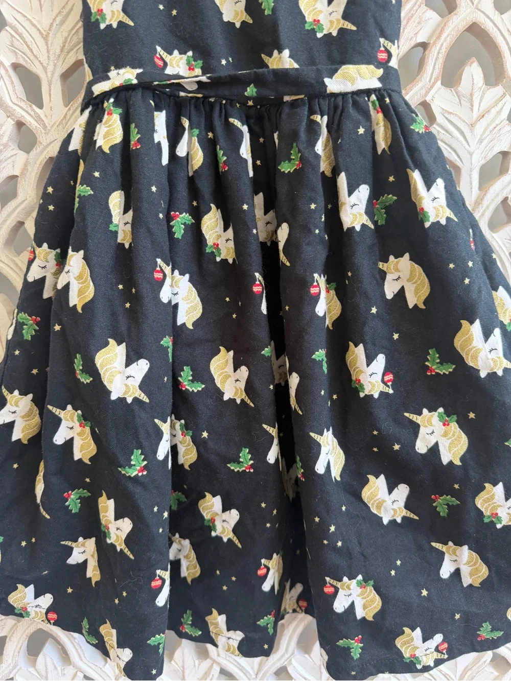 Carter’s Girls Christmas Unicorn Dress Size 7 Black Gold Holiday